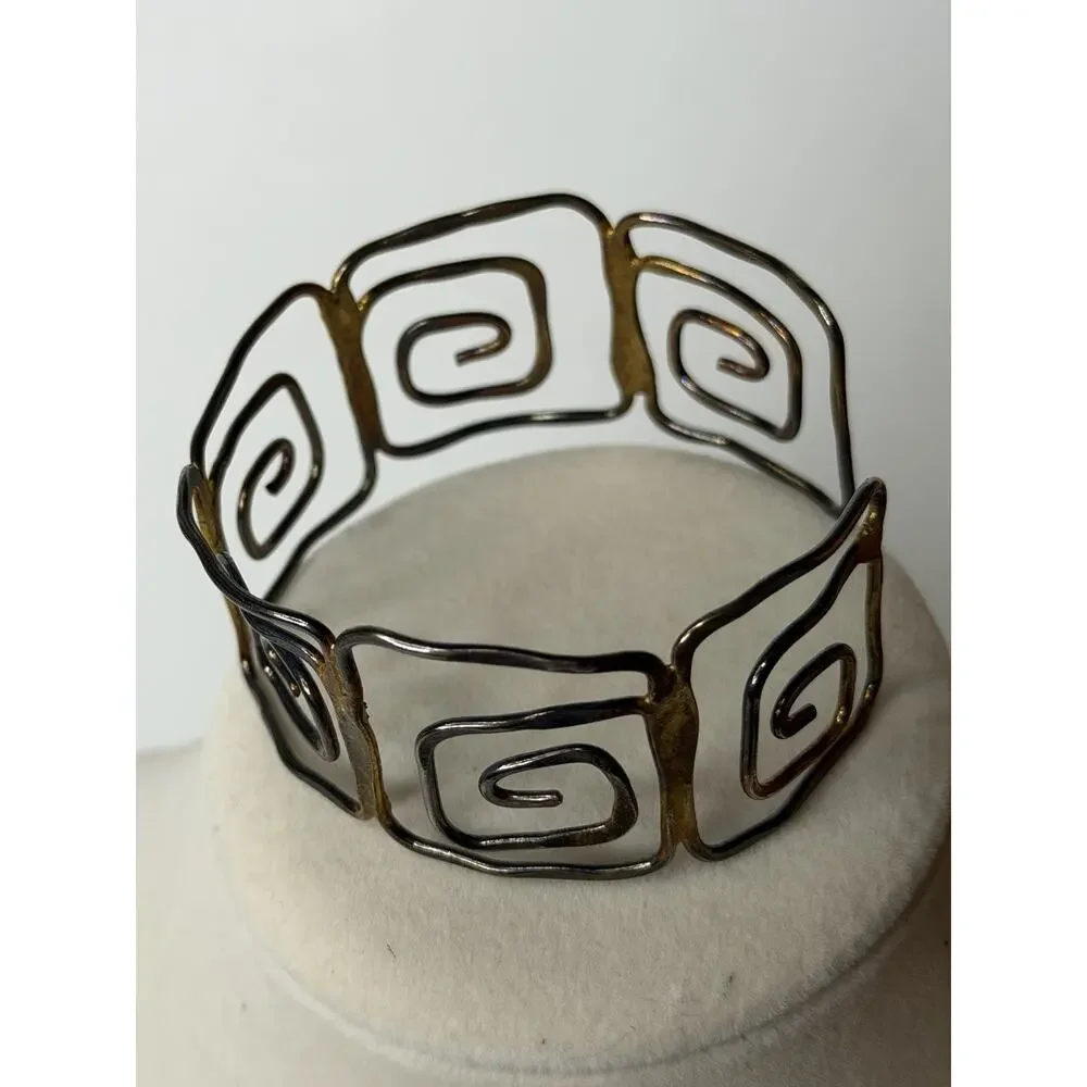 Handcrafted Brass Greek Inspired Geometric Spiral Cuff Bracelet Artisan Bohemian